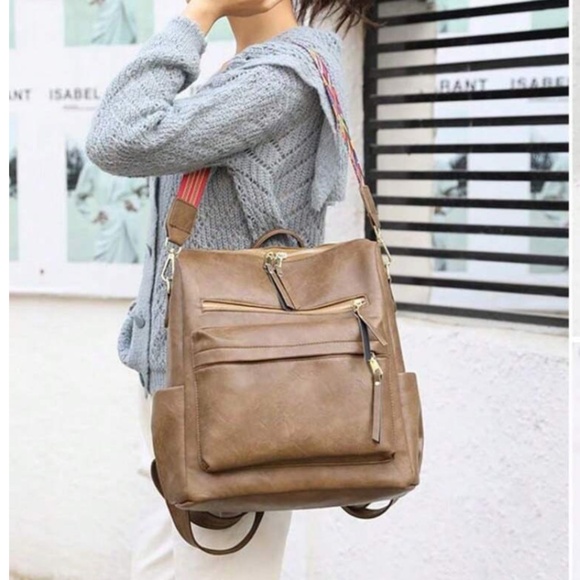 Luxe Vegan Leather Colorful Strap Backpack Shoulder bag - Picture 8 of 8